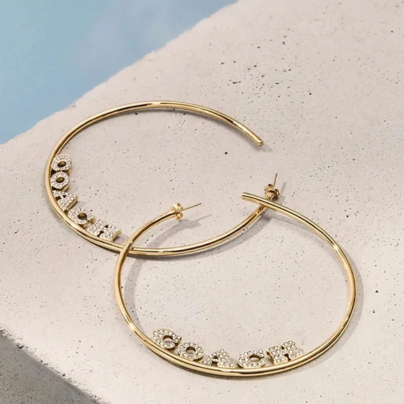 NWT COACH Gold Pave Large Logo Hoop Earrings - Picture 5 of 7